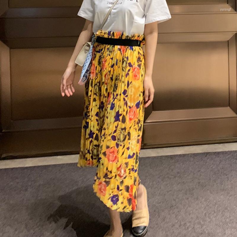 

Skirts Women Pleated Skirt Elastic Waist Asymmetric Flower Printing Mid-Calf 2022