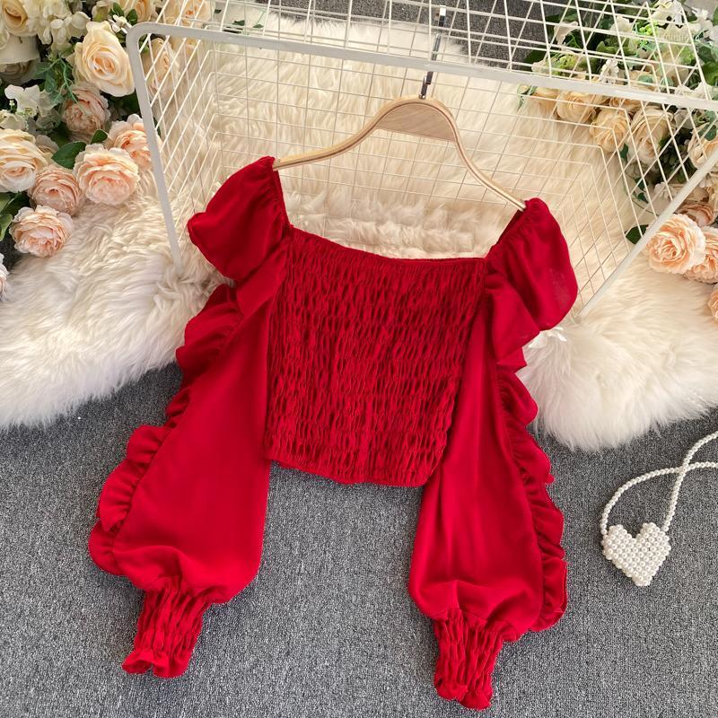 

Foamlina Design Square Collar Long Puff Sleeve Blouse Solid Women's Shirt Spring Summer Pleated Elastic Female Crop Top Blouses & Shirts, Black