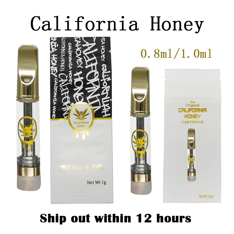 

California Honey Vape Cartridges Tank 0.8ml 510 Atomizers 1ml Ceramic Coil Vapes Carts Copper Mouthpiece Empty Vaporizer Thick Oil E Cigarettes Bags Pack Stickers