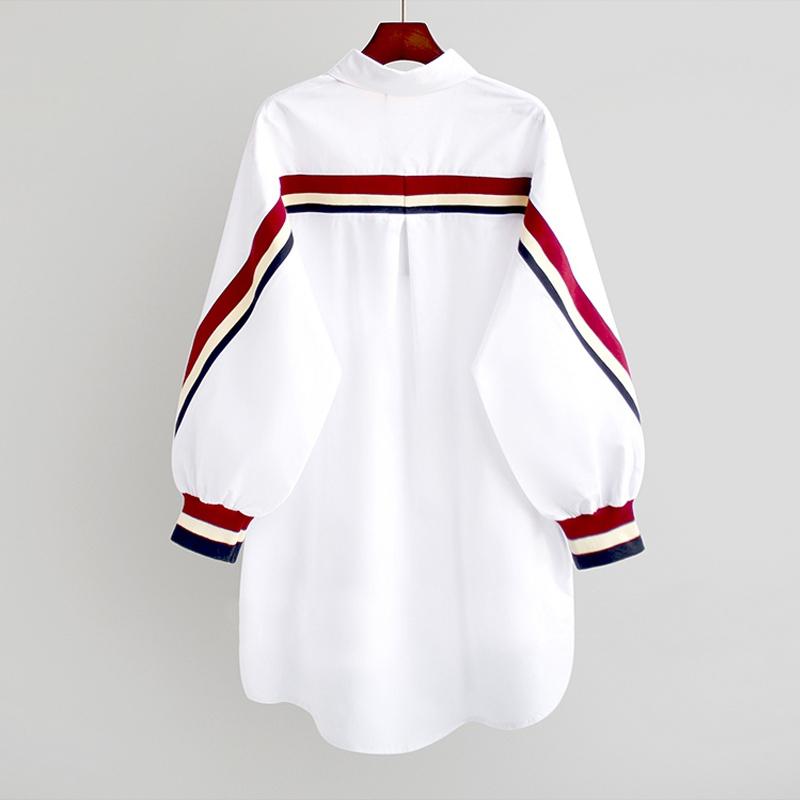 Women's Blouses & Shirts 2021 White Loose Button Up Stripe Bandage Women Turn-Down Collar Woven Long Sleeve Plus Size Ladies Tops