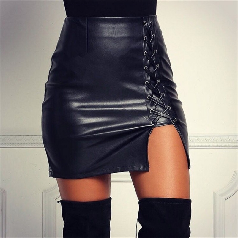 Summer Sexy Girls Above Knee Black PU Leather Mini Skirts Spring Women High Waist Bodycon Front Split Elegant Short Skirt DS334 220618