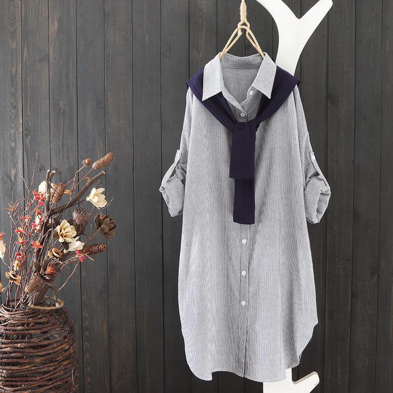 

Women's Blouses & Shirts Striped Shirt Women Spring Autumn 2022 Shawl Two-Piece Set Female Long Loose Plus Size Casual Cardigan Aq063, Blue