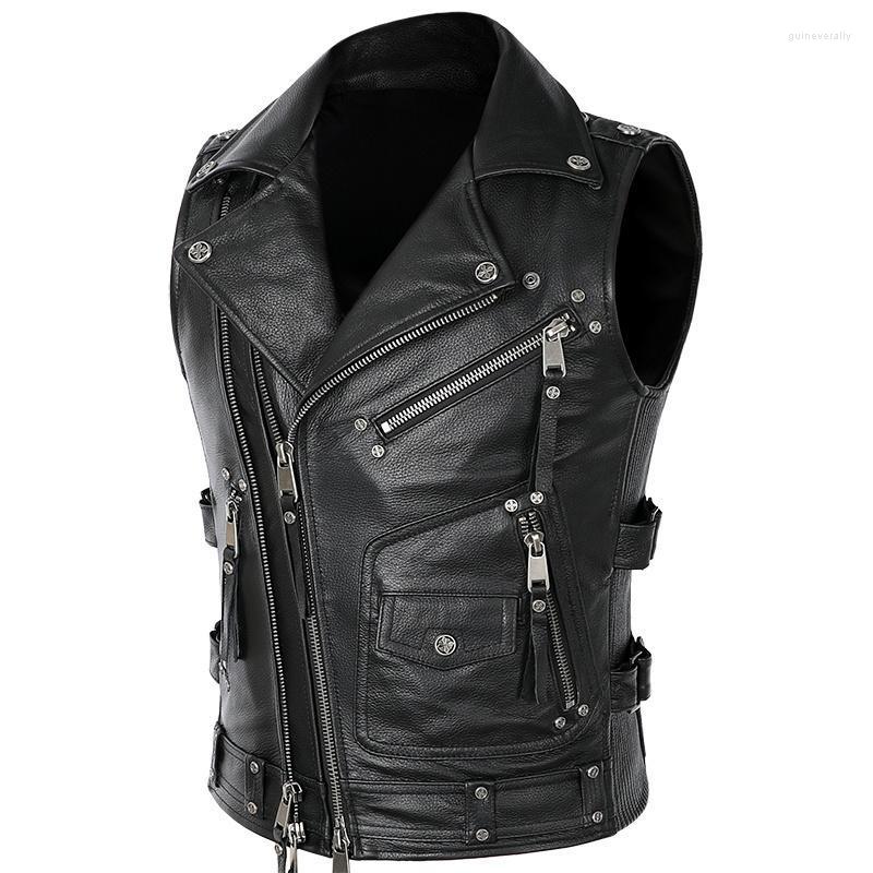 

Men' Vests Motorcycle Classic Leather Vest Mens Genuine Cowhide Biker Waistcoat Punk Sleeveless Jacket Adjustable Size -4XL Guin22, Black