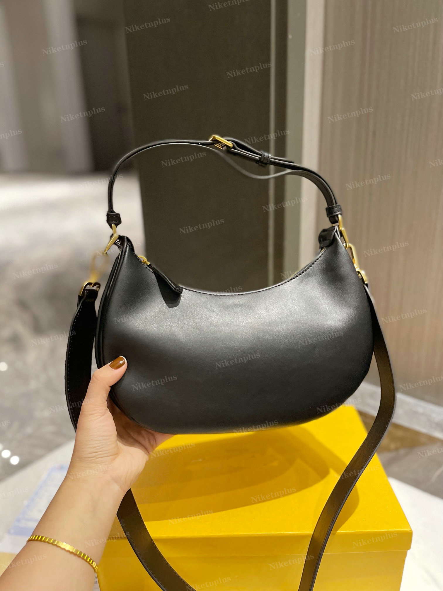 

Designer graphy Hobo Womens Under Arm Bag With Vintage Gold Metal Letter Half Moon Shaped Shoulder Bag Luxury Women Cross Body, #1