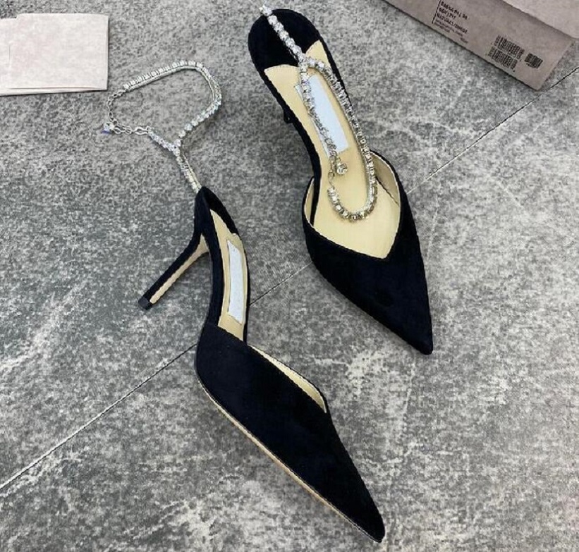 

Women dress pump lady's sexy high heels designer sandal SAEDA Ivory Satin Pumps with Crystal Embellishment heeled Ankle Strap Pointed slingback