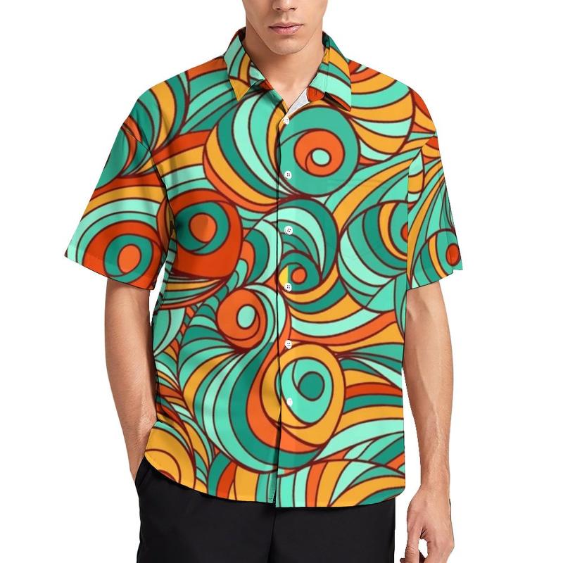 

Men's Casual Shirts Swirling Retro 70S Shirt Men Abstract Lines Print Hawaiian Street Style Blouses Short-Sleeve OversizedMen's