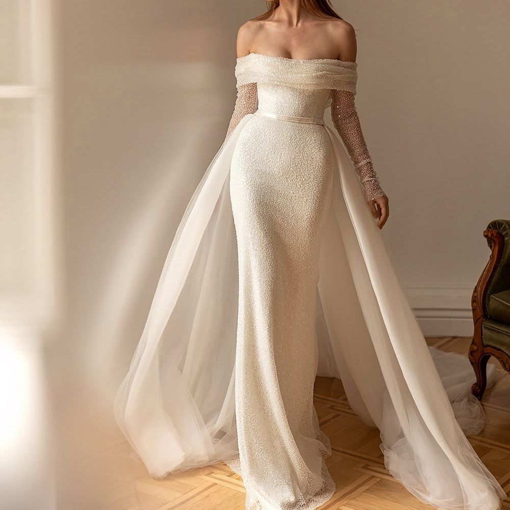 Luxe Blanc Paillettes Perles Sirène Robe De Mariée Avec Jupe Amovible Hors Épaule À Manches Longues Robes De Mariée Paillettes Brillant Mariée Po