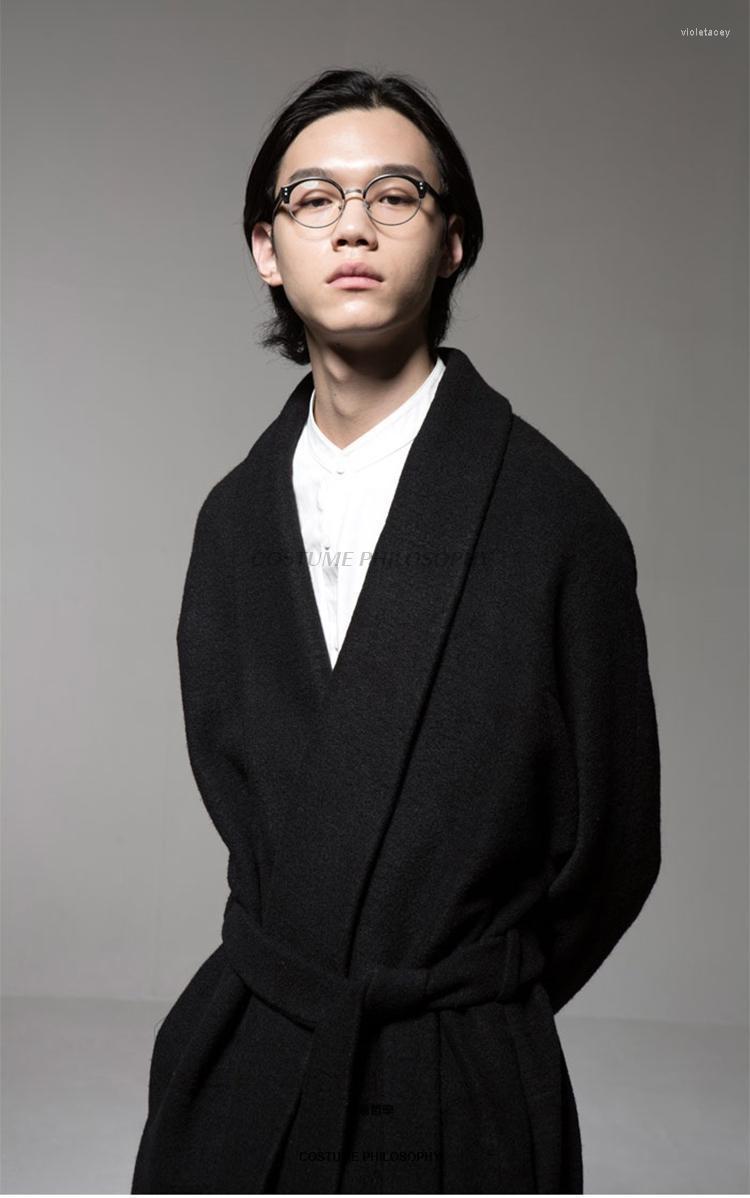 

Men' Trench Coats Autumn And Winter Lapel Solid Color Pajama Collar Loose Kimono Japanese Belt Design Woolen Coat Viol22, Black