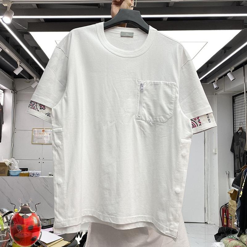 

Men's T-Shirts Heavy Fabric Patchwork Cashew Flowers Zipper Pocket T-ShirtMen's