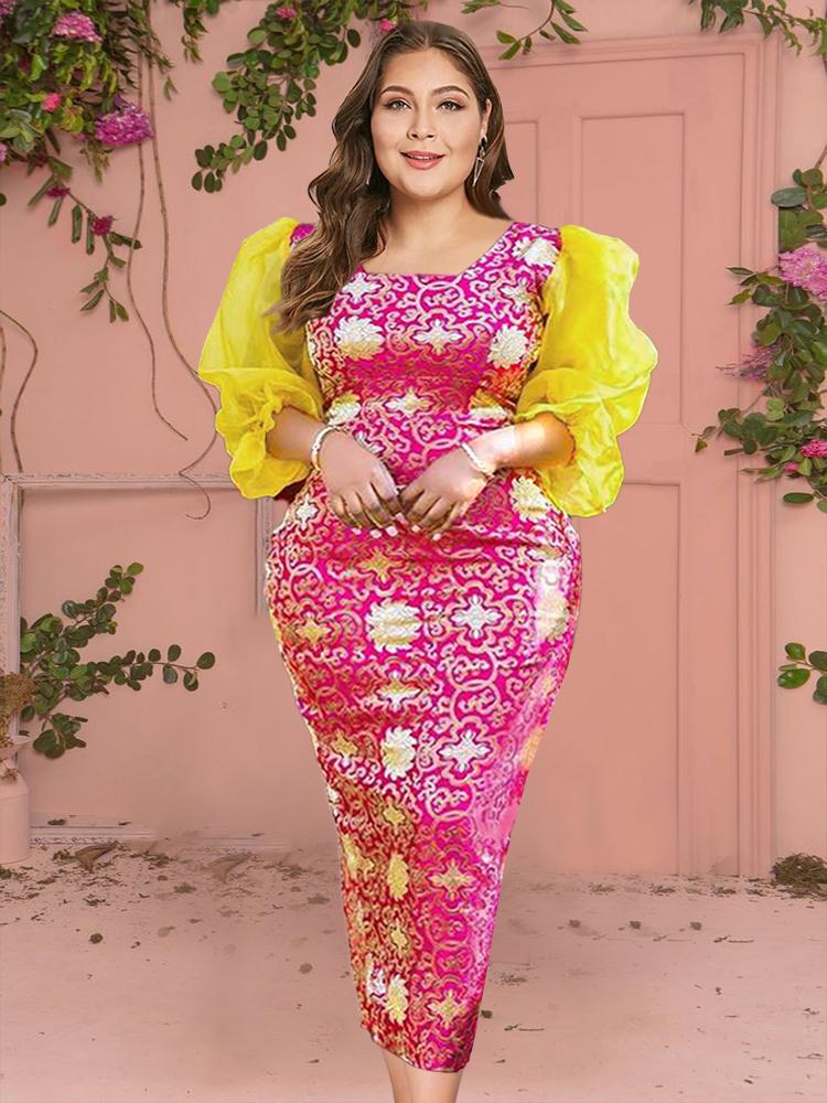 

Plus Size Dresses Print Bodycon Dress For Women See Through Puff Sleeves Patchwork Spring Elegant Pencil Fashion Party Evening Gown 2022, Pink