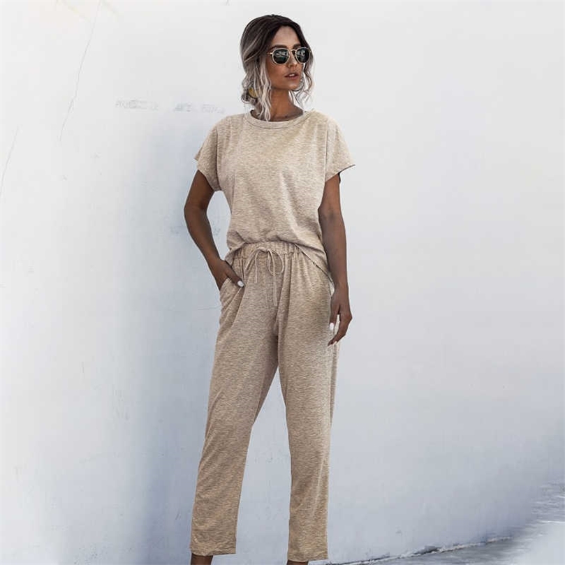 

sale 2pcs Women Summer Tracksuits Set Lounge Wear Short Sleeve Tops Long Pants Sweat Suits Elastic Waist Casual Solid 210709, 02 black