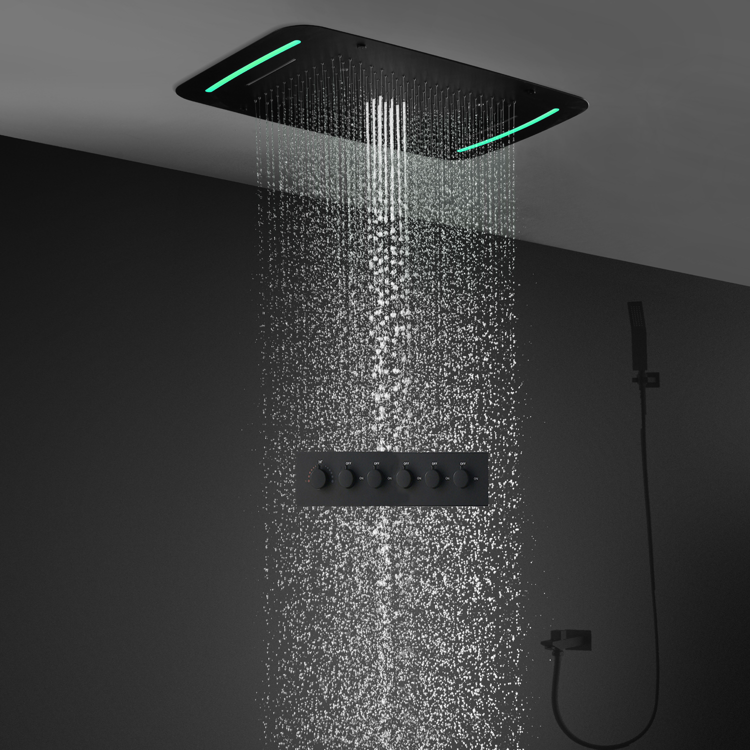 Bathroom Ceiling LED Rainfall Shower Set 710X430MM 304 Stainless Steel Massage Waterfall ShowerHead Luxury Thermostatic Faucets Black finished-image-761077621