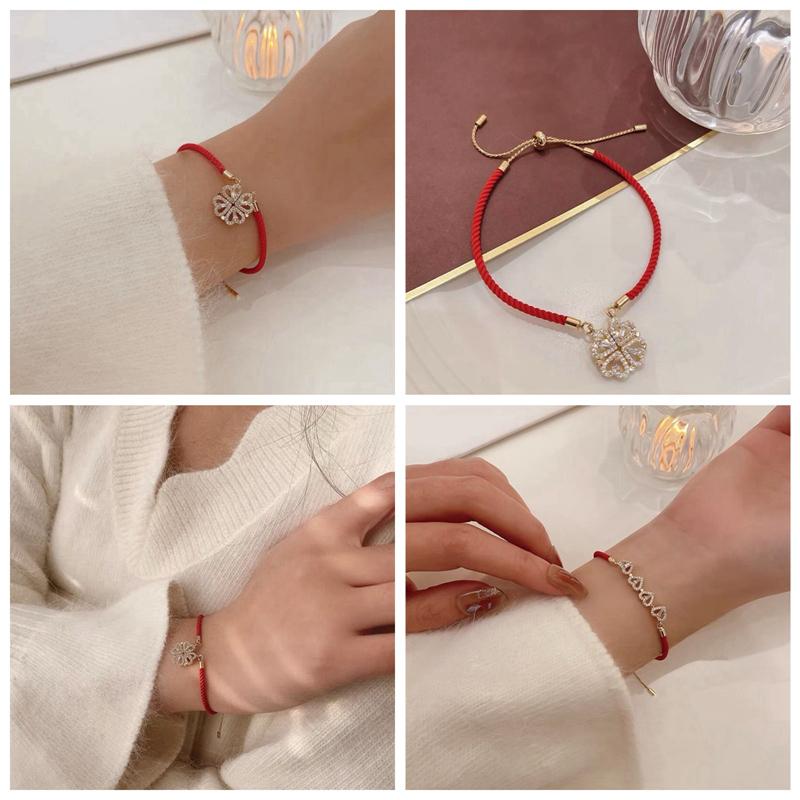 

Charm Bracelets Four-leaf Clover Heart Pendant Openable Bracelet Diy Handmade Red Thread String Lucky For WomenCharm