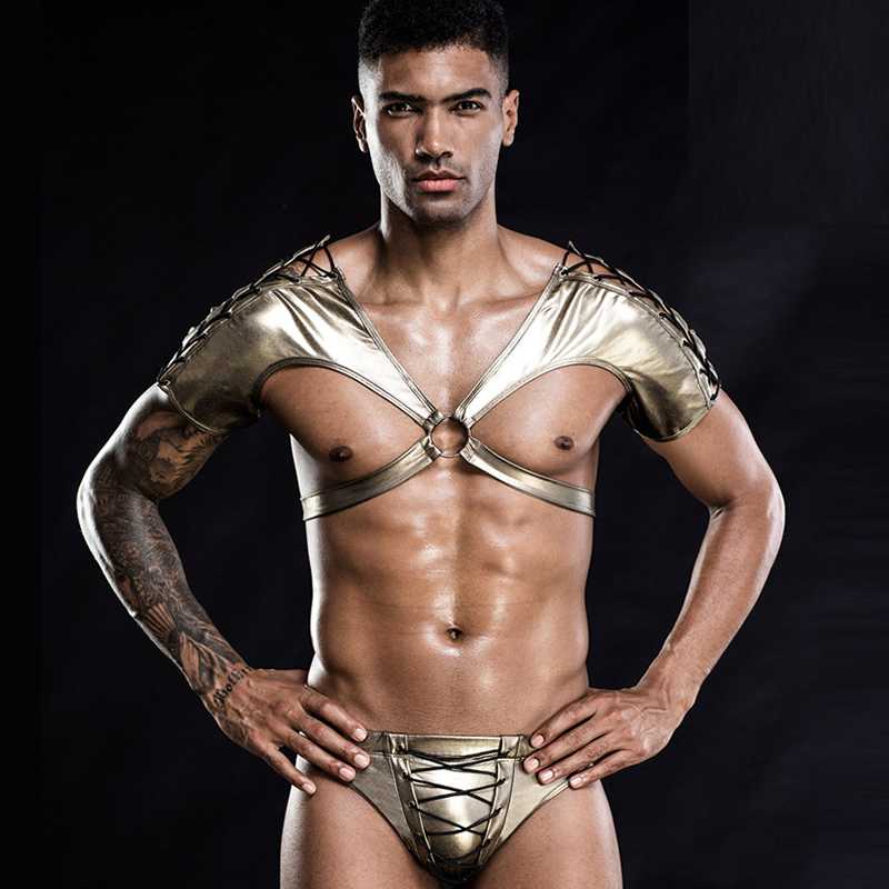 Men&#039;s Suits & Blazers Gold Lace Up& Hollow Out Adult Nightclub Bar Gay Exotic Lingerie Male Cosplay Uniform Halloween Sexy Top And Panti-image-764205381