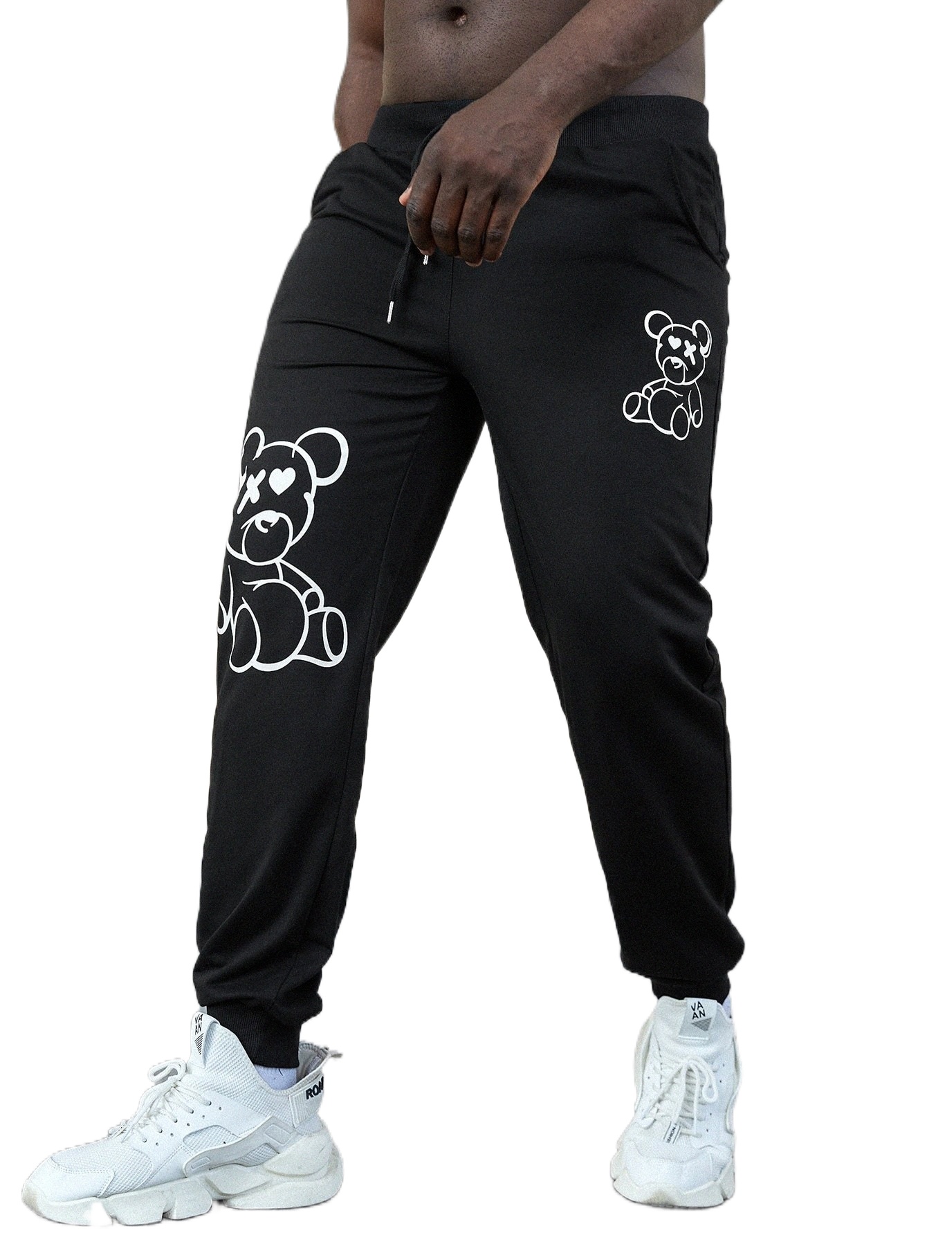 

extended Sizes Men Bear Print Drawstring Waist Sweatpants A9ix#, Black