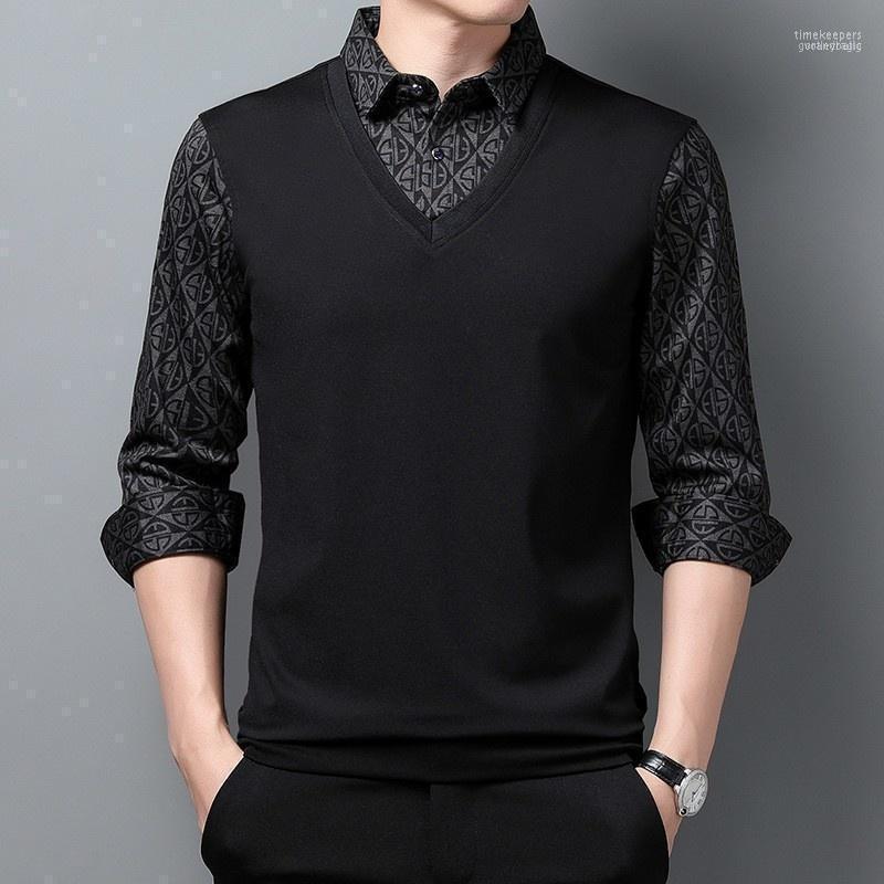 

Men's Sweaters Autumn Men Fake Two Piece Floral Printed Pullover Sweater Tops Long Sleeve Lapel Collar Business Man Work Knitted Time22