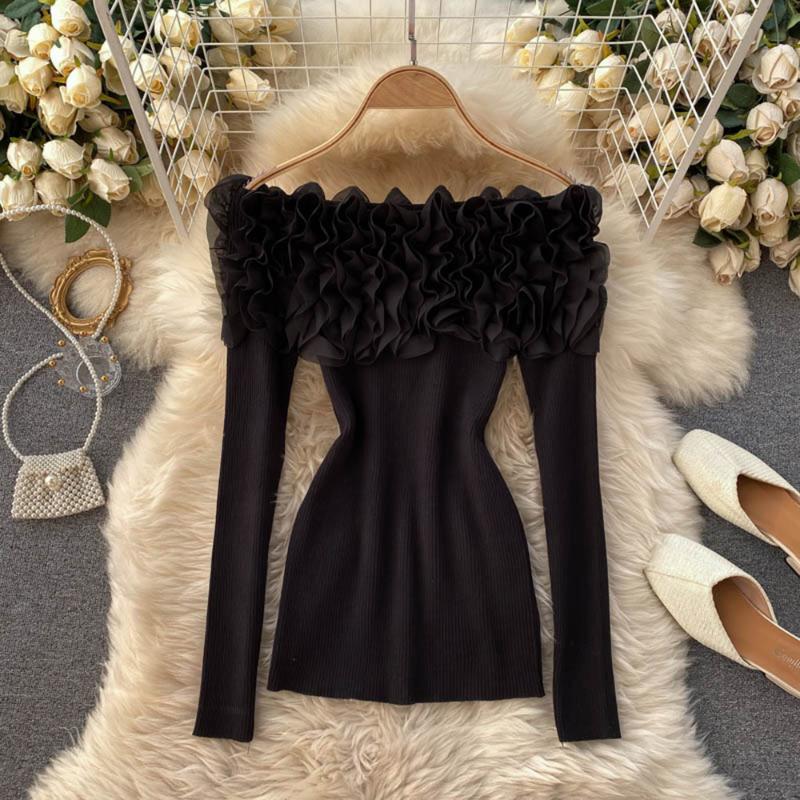 

Women's Sweaters Sexy V-neck Women Off Shoulder Long Sleeve Autumn Winter Pullovers Jumpers Ladies Low-cut Pull Femme Elastic Sweater, Black