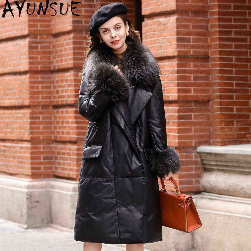

Ayunsue Women Leather Coat 100 Sheepskin Coat Female Warm White Duck Down Parka Woman Raccoon Dog Fur Collar Femme vest 7 J220727, Black