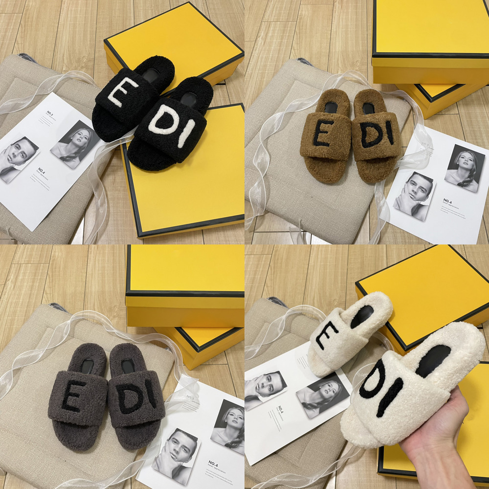 

2022 New Designers Winter Luxurys Women Sheep Wool Slippers Fur Fluffy Furry Warm Letters Sandals Comfortable Logo Embroidery Plush Plstform F Flip Flop Size 35-42, F7262