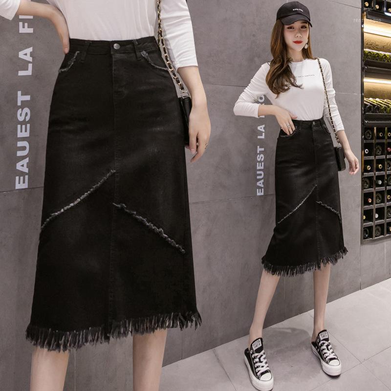 

Skirts Black Patchwork Jeans Skirt Women 2022 Spring Autumn Fashion High Waist Tassel Denim Lady Causal A-Line Knee-Length