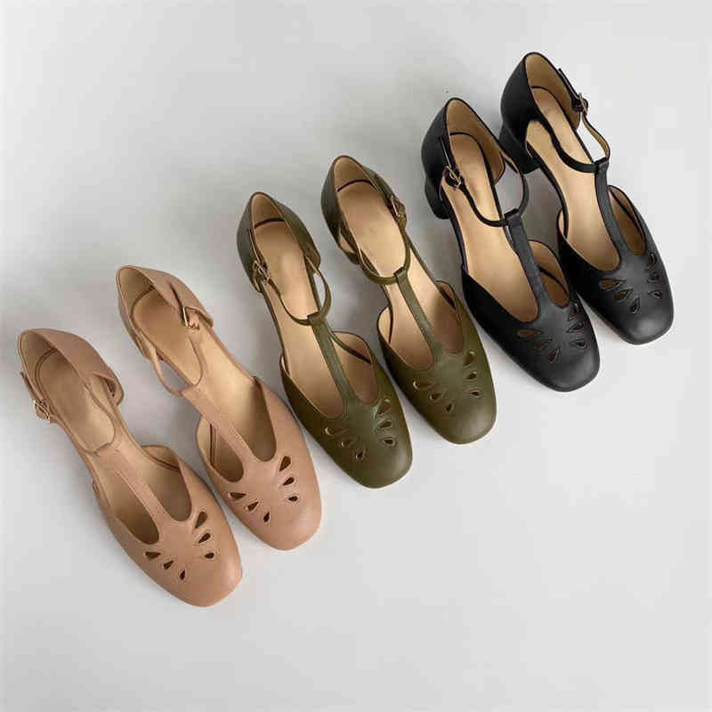 

Sandals Minority rouje French leather Baotou hollowed out breathable T-shaped Mary Jane women's sandals with thick middle heel and side space, 1# shoe box