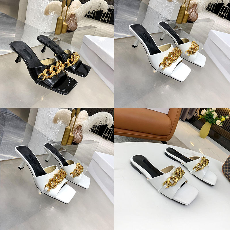 

Designer Sandal Women CHAIN MID HEEL MULES Luxury Summer Sandals Outdoor Shoes Purple Blue Lady Leather Slippers, Color 1