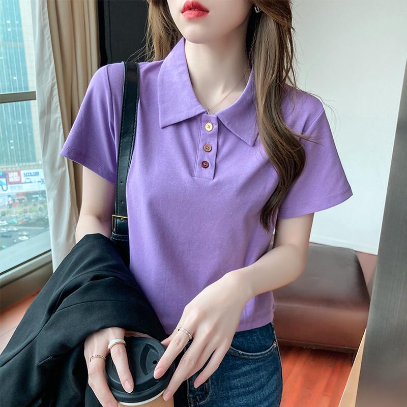 

Women's T-Shirt Collar Short Sleeve Women's 2022 Summer Loose Cotton High Waist Top Purple TrendWomen's Women'sWomen's, White