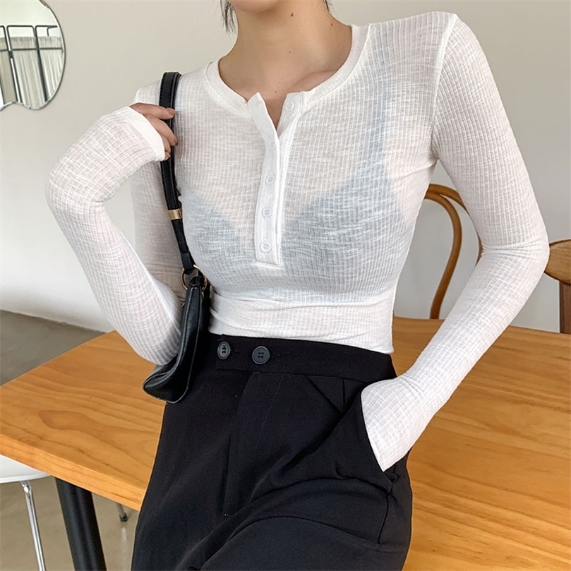 

Spring Thin Cotton T-shirts Tees Women's Elastic Slim Solid Soft Semi-transparent O-neck Tshirt Top Real Pos 220407, Gray