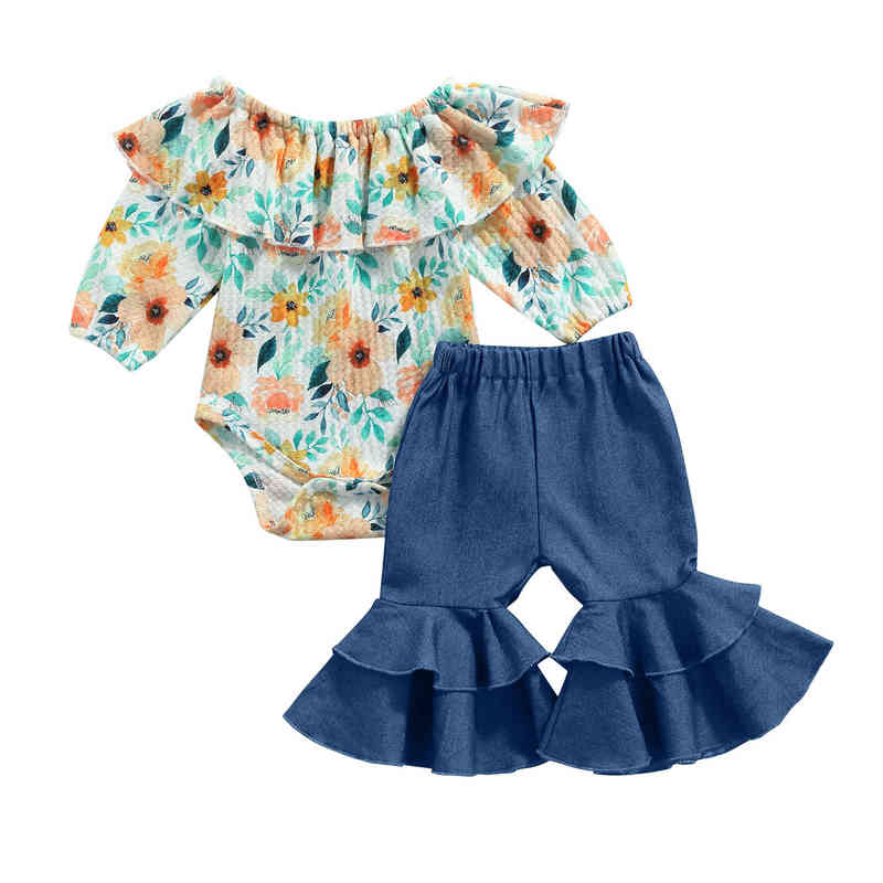 

Citgeett Autumn Baby Girls Fall Outfits Long Sleeves Off Shoulder Floral Bodysuit Flare Pants Spring Clothes Set J220712, Red