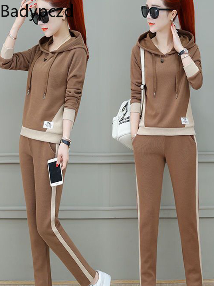 

Active Sets Compression Running Suit Tracksuits Ladies Western Casual Sportswear Hooded Women Long Sleeve Loose Sweater Twopiece Set 220826, 708 black suit