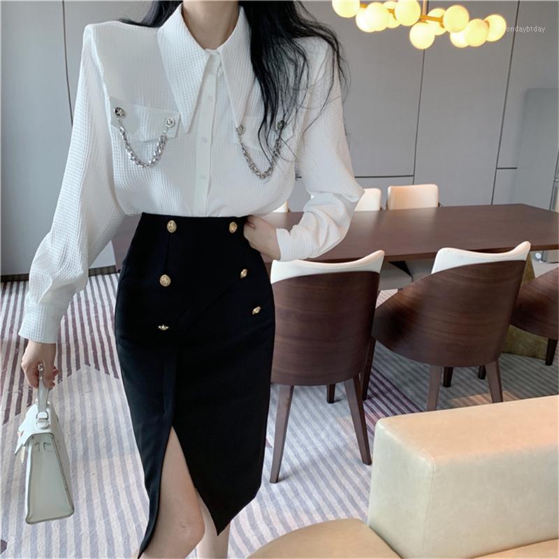 

Work Dresses Alien Kitty Wear Women Slim Two Pieces Sets Casual Office Lady Shirts Loose 2022 Autumn OL Bodycon Skirts, White shirt