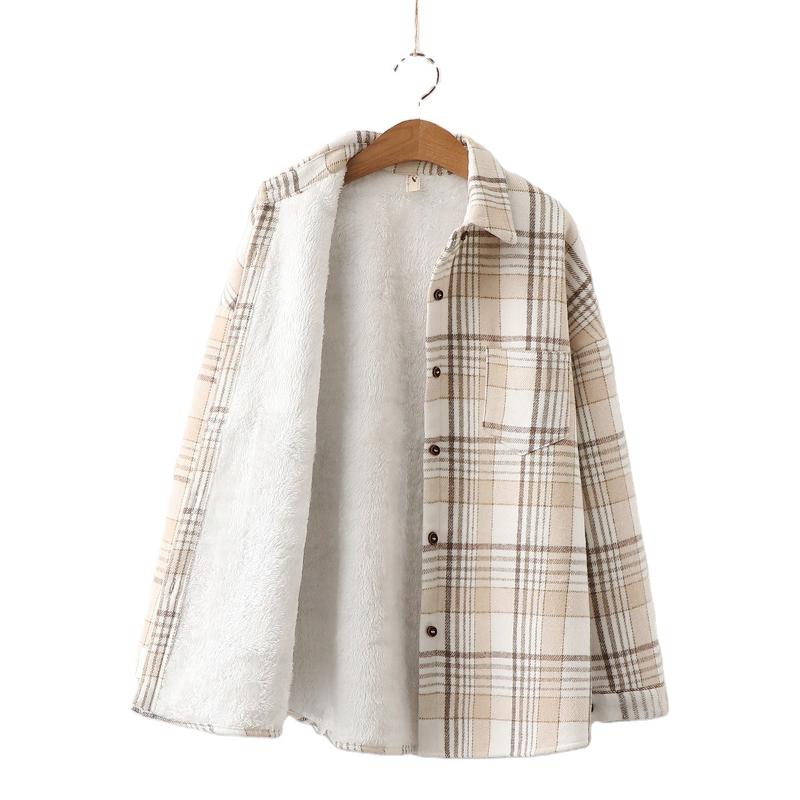 

Women' Jackets Fashion Thick Velvet Plaid Coat Women Winter Keep Warm Blouses And Tops Casual Slim Female Clothes Outwear Cashmere Shirt, Black plus cotton