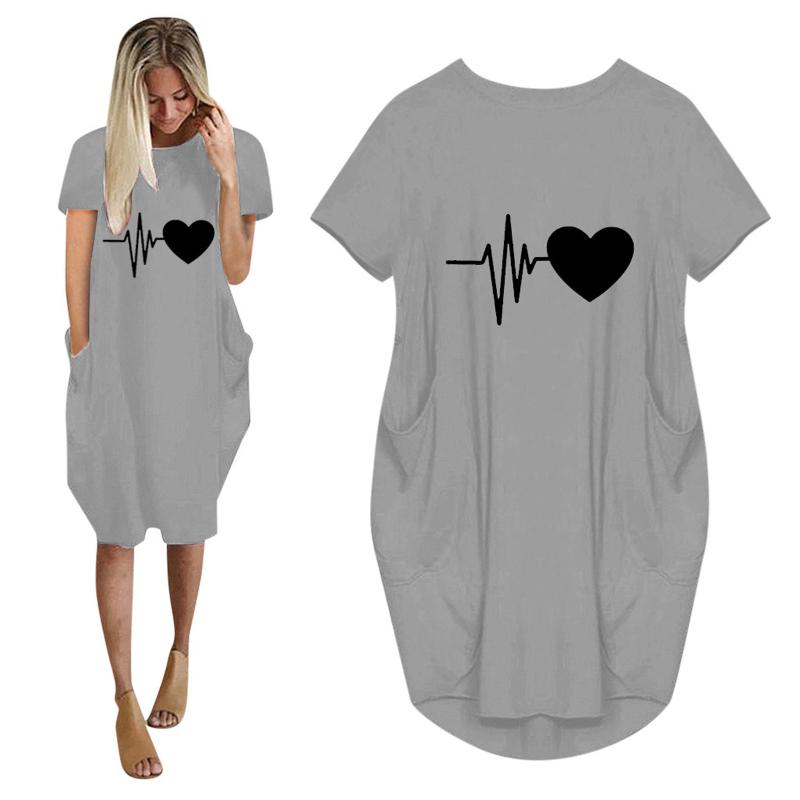 

Plus Size Dresses Heart Print Dress For Women Ladies Oversized Short Sleeve Pocket Mini Casual Loose Summer Long Tops A20, Bk