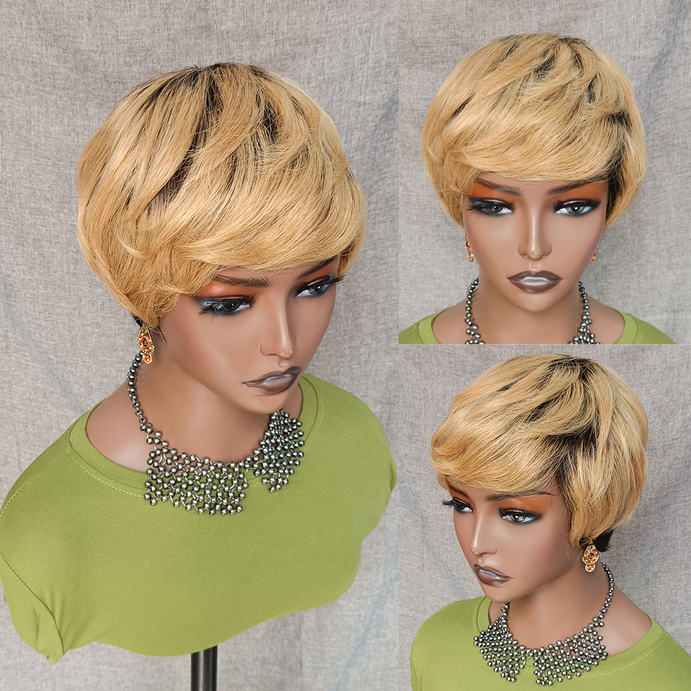

LX Brand Ombre Color Highlight Human Hair Wig Pixie Cut Short Bob Wig For Black Women Brazilian Virgin Honey Blonde Full Machine Made Wigfac, Default color