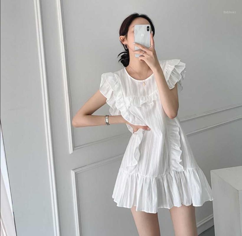 

Party Dresses Striped Embroidery Summer Mini Dress Women O-Neck Flare Sleeve Cotton Ruffles Sweet Korean Sundress LooseParty, Black