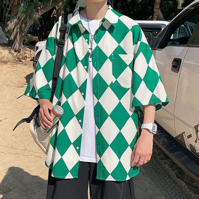 

Men's Casual Shirts Summer Men's Ice Silk Fabric Coats Short Sleeve Loose Blue Lattice Printing Lapel Collar Plus Size -5XLMen's Eldd22, Black