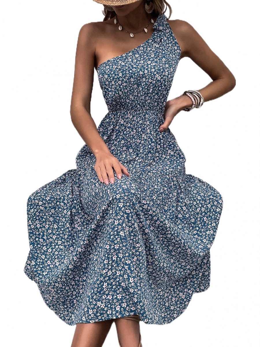 

ditsy Floral One Shoulder Knot Side Dress 071c#, Blue