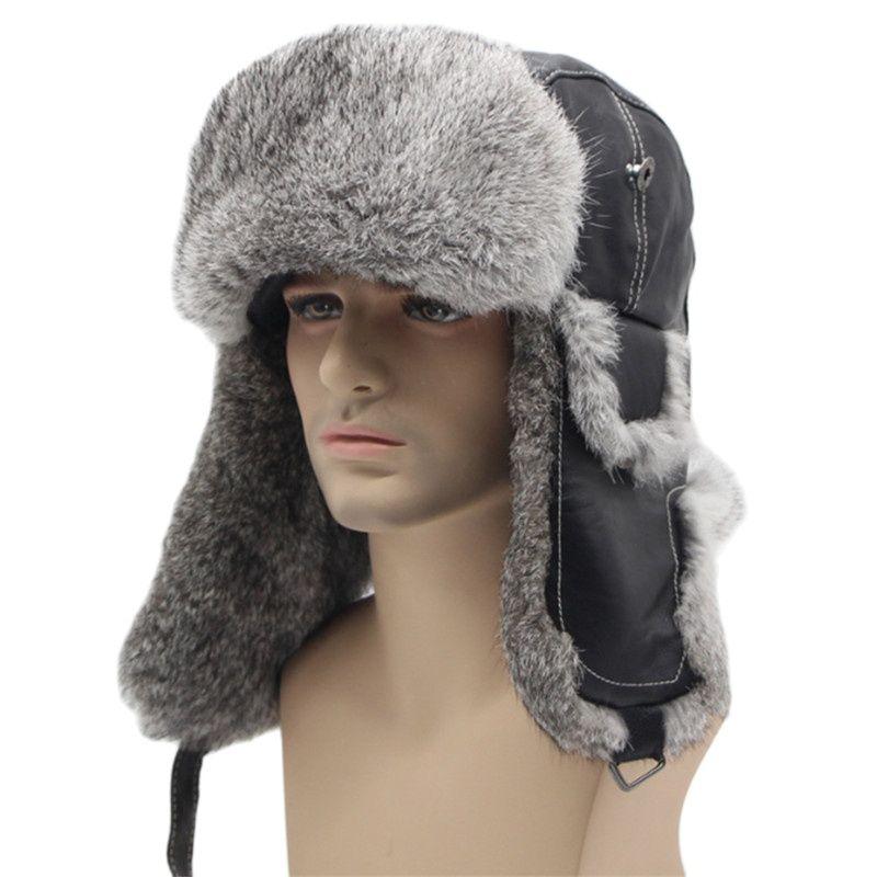 

Berets High Quality Mens 100% Real Fur Winter Hats Lei Feng Hat With Ear Flaps Warm Snow Caps Russian Bomber Cap, Khaki