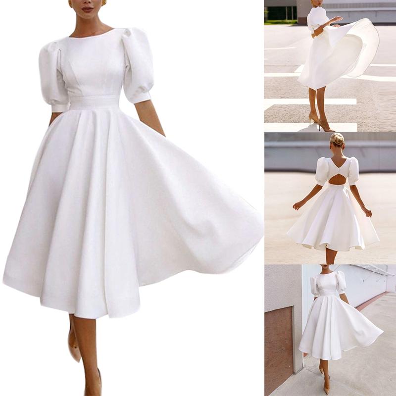 

Casual Dresses ASDS-Simple And Clean Satin Short Wedding Dress Puff Sleeve Knee Length Bride Sexy Open Back Party GownsCasual, White