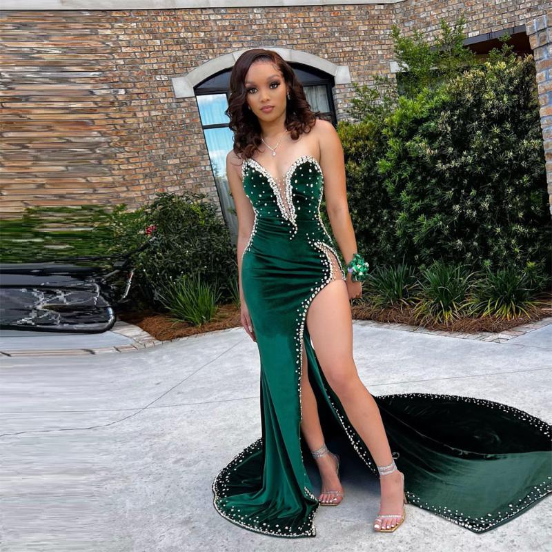 

Party Dresses Green Velvet Sexy Prom Strapless Crystals Sparkly High Split Plus Size Women Long Evening Gowns Custom MadeParty, Purple