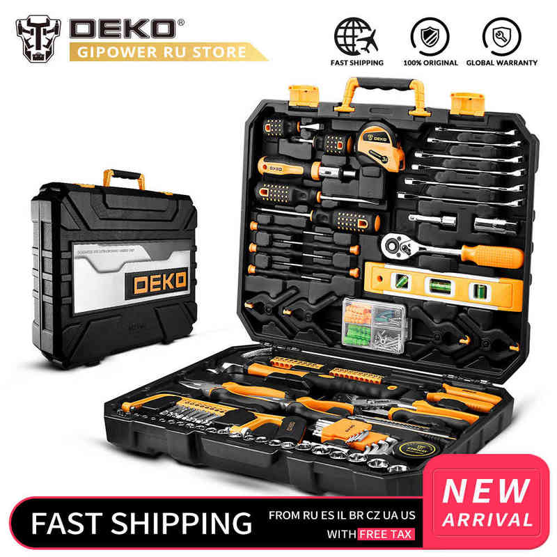

DEKO Household Tool Set General Hand Tool Kit with Plastic Tool box Storage Case Combination Hammer Socket Wrench Screwdriver H220510