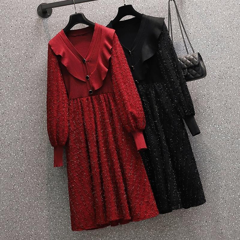 

Casual Dresses Plus Size Elegnat Women's Knitted Patchwork Pleated Dress Autumn Fashion Long Sleeve V Neck Ruffle Midi Vestido Clothing, Black