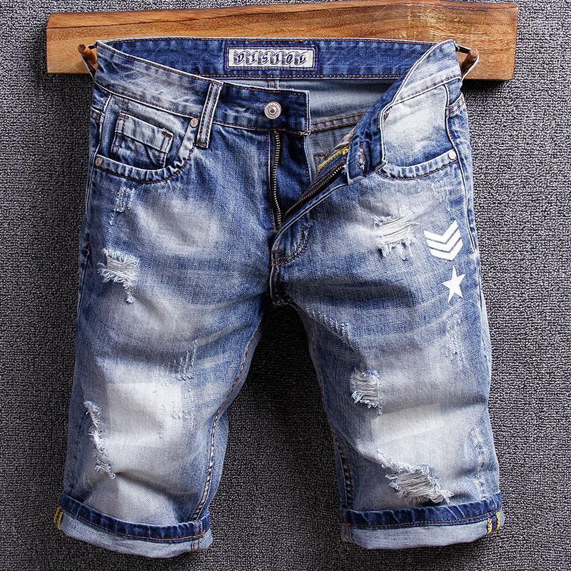 

Men's Jeans Summer Italian Style Fashion Men Retro Blue Top Quality Ripped Denim Shorts Printed Designer Hip Hop Short Homme1