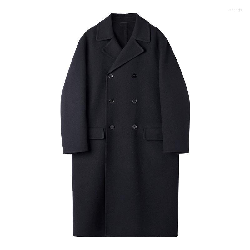

Men' Wool & Blends Classic Japanese Simple Black Double-breasted Woolen Coat Loose Long Kend22