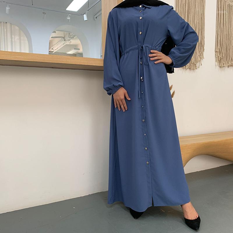 

Casual Dresses Shirt Long Dress Women Button Drawstring Turned Collar Sleeve Plus Size Muslim Maxi Islamic Dubai Turkey Clothes, Black
