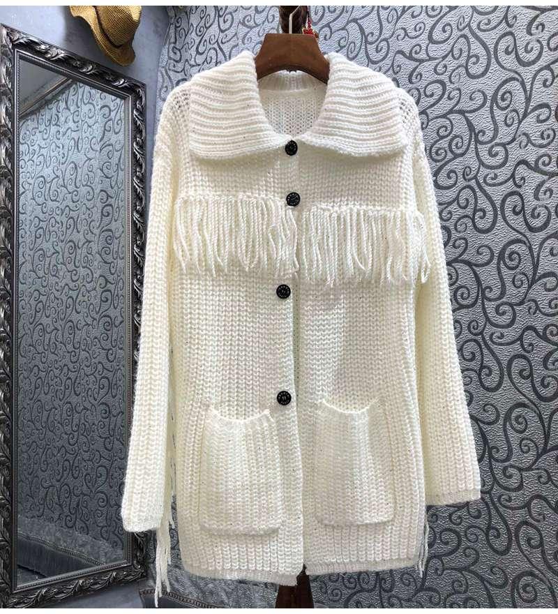 

Women's Knits & Tees Tassel Sweater Cardigans 2022 Spring Autumn Winter Knitwear Women Turn-down Collar Pocket Deco Long Sleeve Casual White