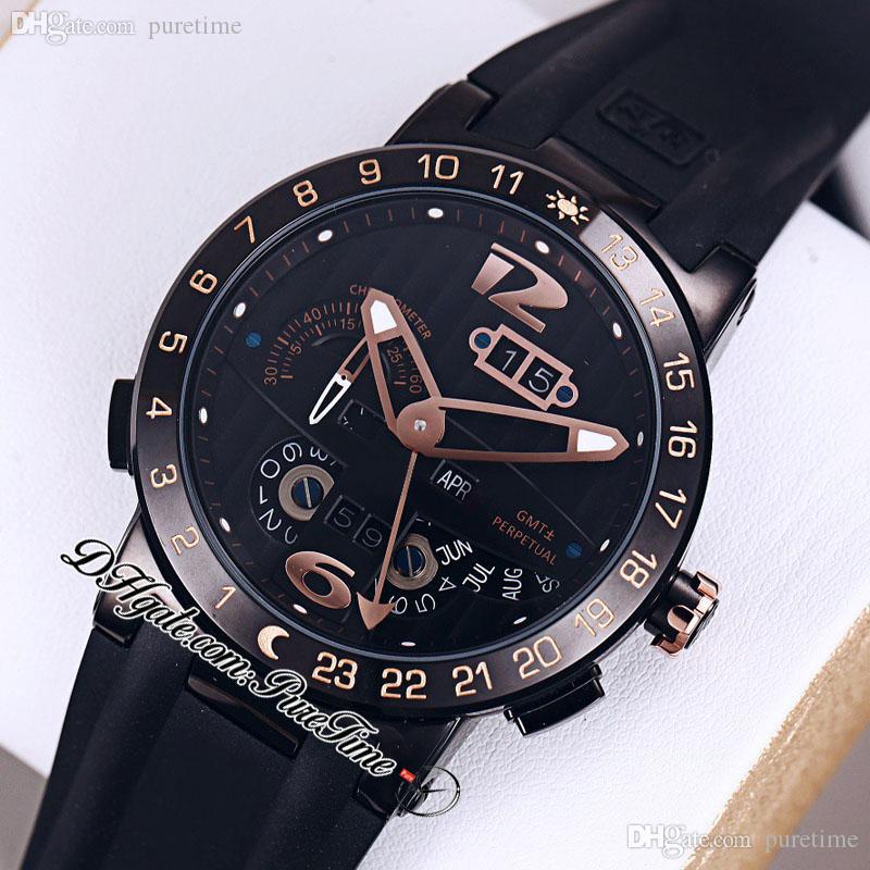 

Executive El Toro Perpetual Calendar GMT Automatic Mens Watch 326-00-3/BQ Steel Case Black Dial Rose Gold Markers Rubber Strap Limited Edition Watches Puretime F26b2, Custom enhanced waterproofing service