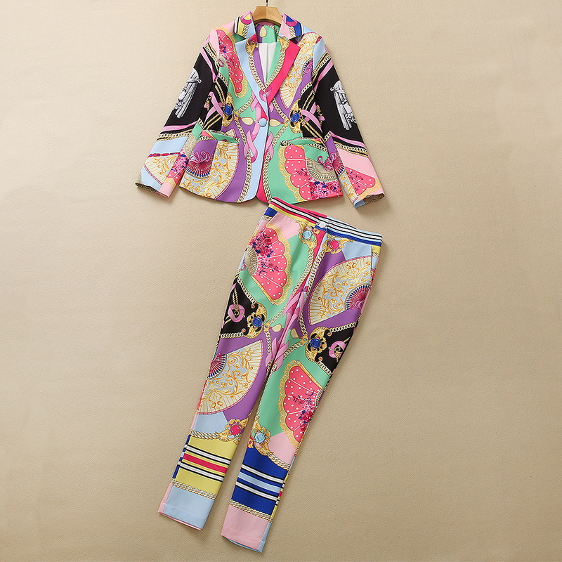 

European and American women's wear new autumn 2022 Long sleeve suit collar fan print jacket Nine minutes of pants Fashion suits, Multi