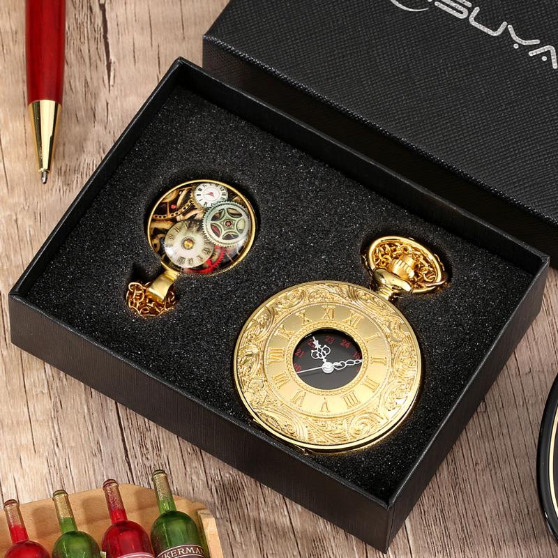 

Pocket Watches Luxury Gold Watch Gift Set Women Men Simple Quartz Pendant Clock Necklace Classic Roman Numeral Dial Reloj Bolsillo, Bronze pocket watch