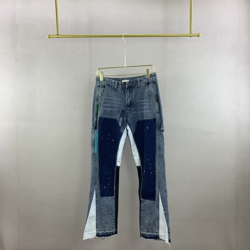 22ss Men USA Hand Splash Ink Distressed Vintage Denim Pants Patchwork Jeans Graffiti High street Stretch Bell flared Trousers
